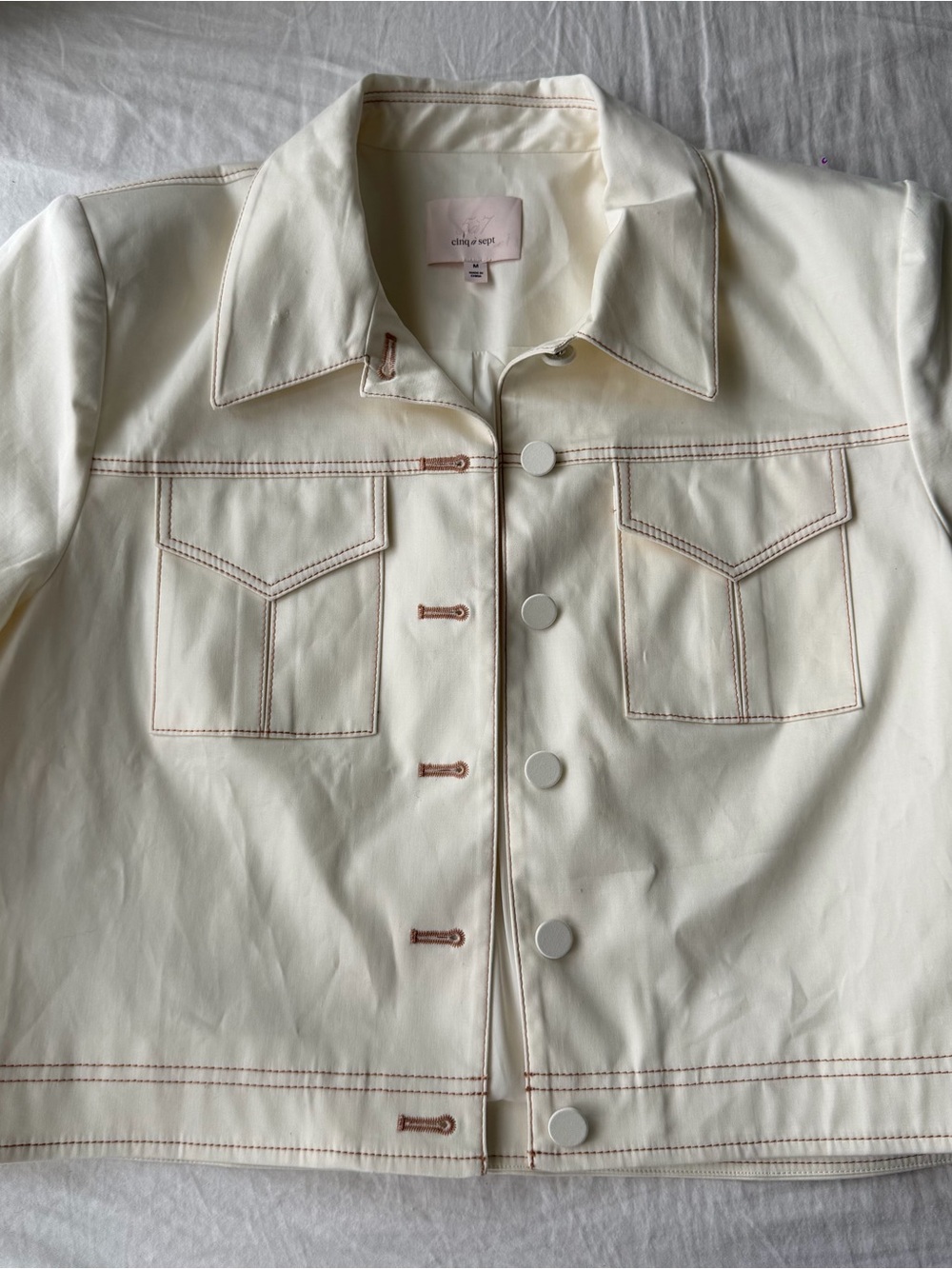 cinq à sept Cream Jacket with Tan Contrast Stitching